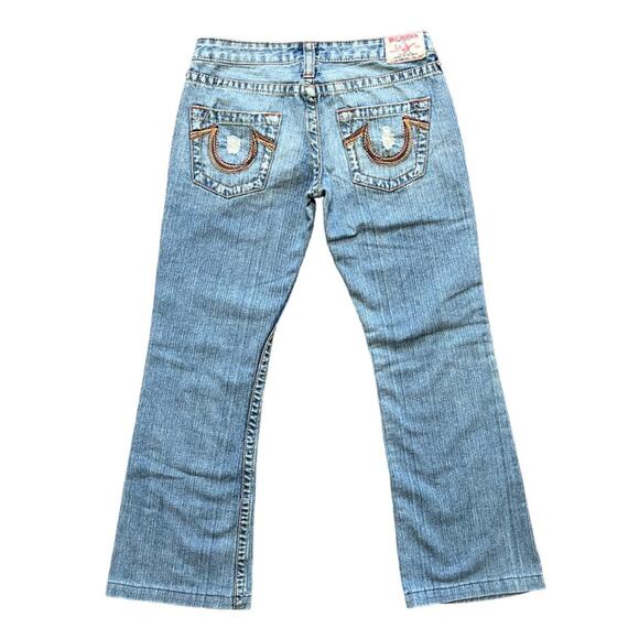 VTG TRUE RELIGION Low Rise Flared Leg Bobby Big T Distressed Jeans  Y2K  SZ 27P - Picture 5 of 10